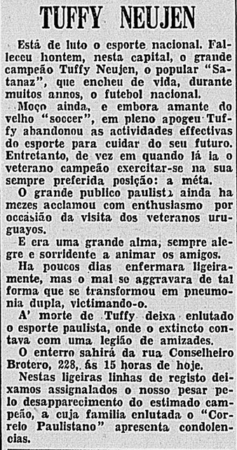 Notícia da morte de Tuffy no Jornal Correio Paulistano em 5 de dezembro de 1935 - reprodução internet
