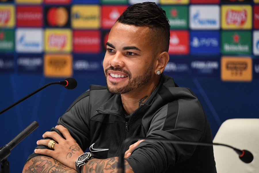 Shakhtar Donetsk's Brazilian midfielder Dentinho attends a press conference at the Olympiyskiy stadium in Kiev on October 26, 2020 on the eve of the UEFA Champions League football match between Shakhtar Donetsk and Inter Milan. (Photo by Sergei SUPINSKY / AFP) (Photo by SERGEI SUPINSKY/AFP via Getty Images)