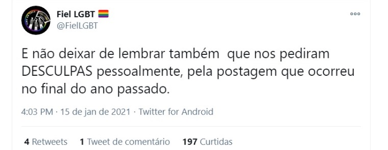 Reprodução Twitter/ Fiel LGBT
