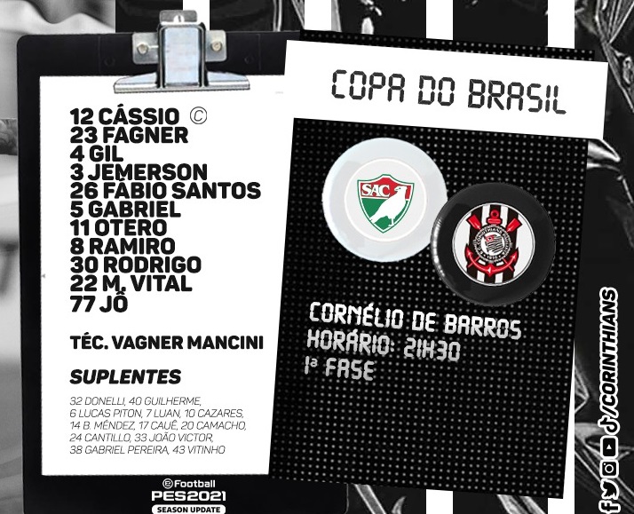 Escalação do Corinthians para estreia na Copa do Brasil diante do Salgueiro. Foto reprodução Corinthians
