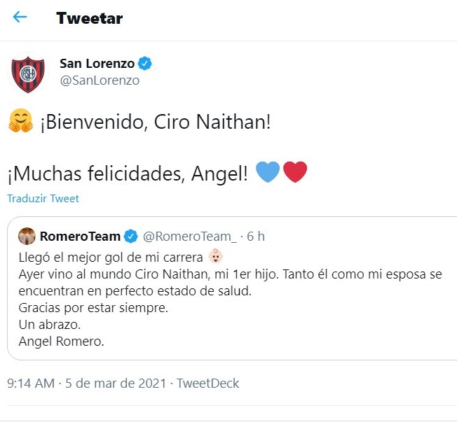 San Lorenzo parabeniza Romero pelo nascimento de seu primeiro filho. reprodução Twitter