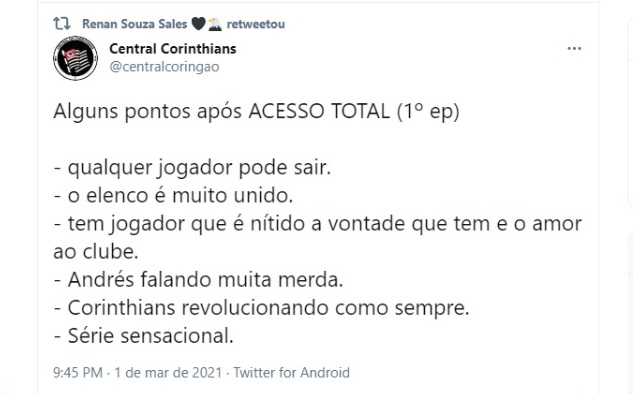 SCCP News on X: Documentário Acesso total rendeu dinheiro ao  Corinthians. Por uma cláusula de confidencialidade imposta pelo próprio  canal de televisão, o valor desembolsado ao Corinthians não será divulgado  📰 @MeuTimao