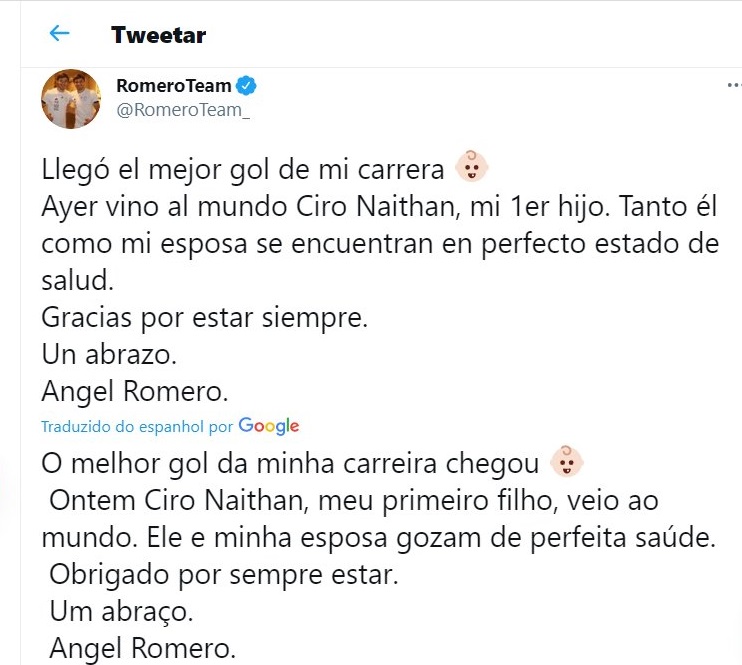 Nasceu o primeiro filho de Romero Imagem Reprodução Twitter RomeroTeam_