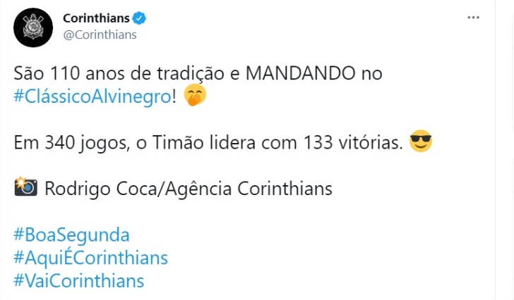 Imagem reprodução Twitter Corinthians