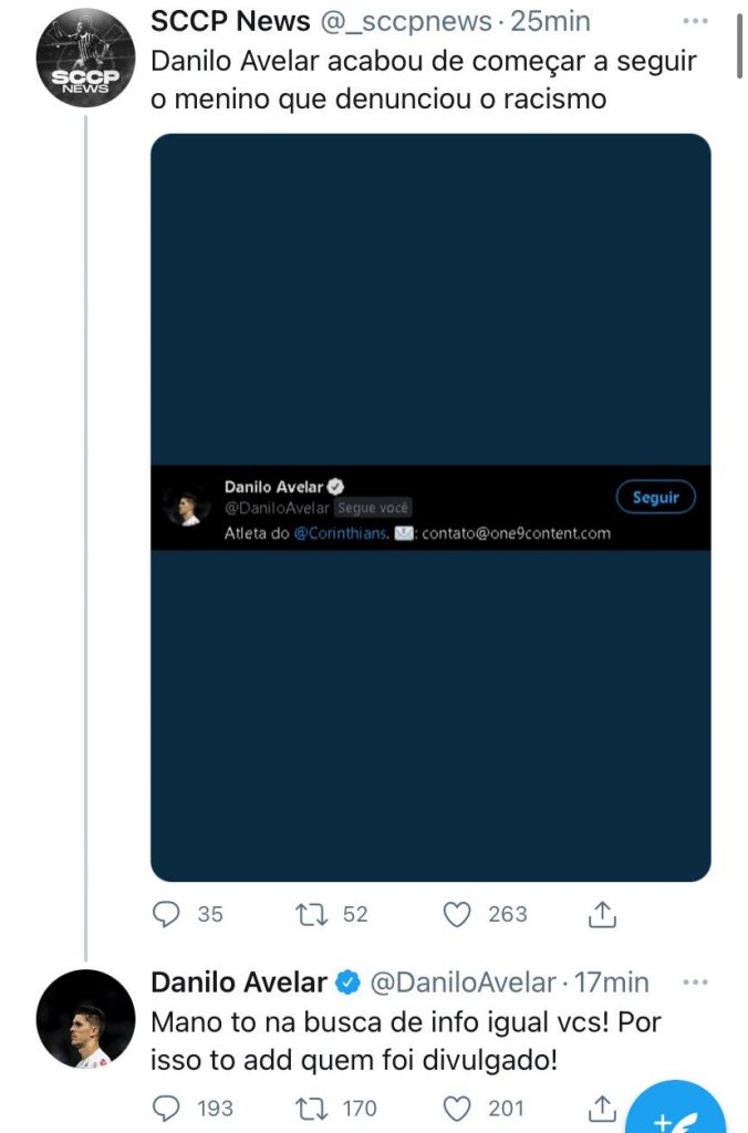 Danilo Avelar assume ato racista em jogo online; Corinthians se