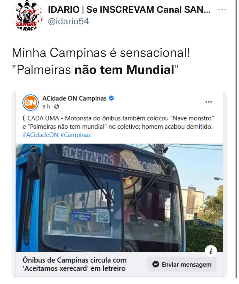 Motorista de ônibus é demitido por usar letreiro com “Palmeiras não tem  mundial” e Fiel se diverte